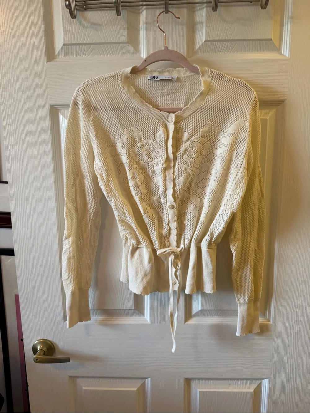 Zara Cream Knit Button-Front Cardigan with Drawstring Waist Tie